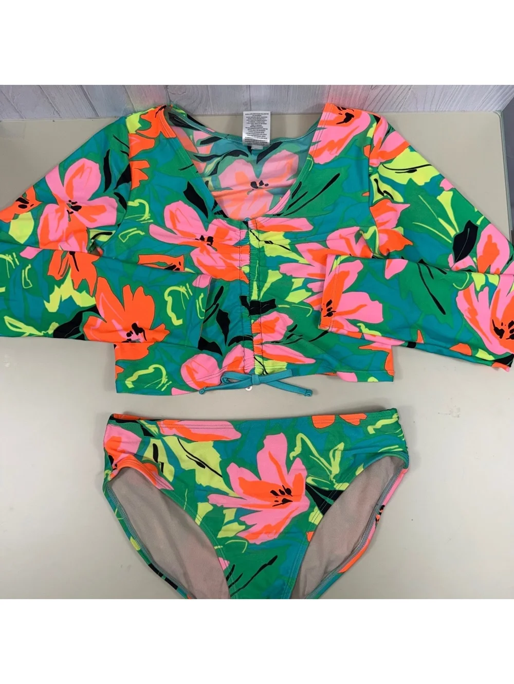 Art Class Girls Size 10/12 Floral Long Sleeve 2-Piece Swimsuit Green Pink Orange